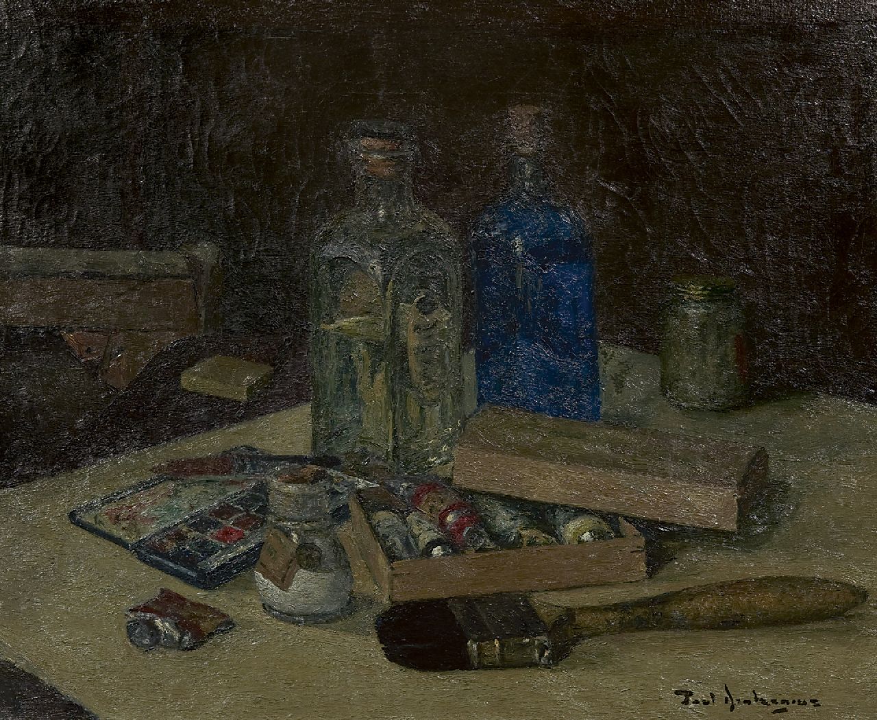 Arntzenius P. | Paul Arntzenius, Stilleven met schildersgerei, olieverf op doek 35,1 x 42,8 cm, gesigneerd rechtsonder en op spieraam gedateerd 1943 Arntzenius P. | Paul Arntzenius, Stilleven met schildersgerei, olieverf op doek 35,1 x 42,8 cm, gesigneerd rechtsonder en op spieraam gedateerd 1943