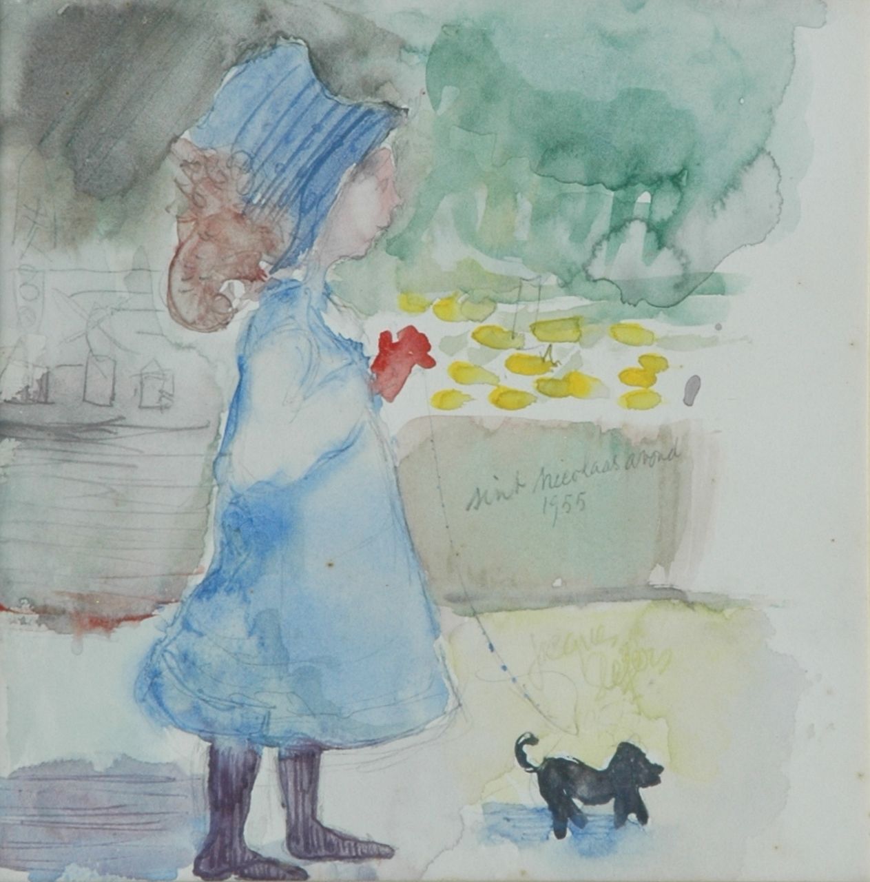 Slegers J.F.W. | Jacobus Franciscus Wilhelmus 'Jacques' Slegers, Meisje met hond, aquarel op papier 23,0 x 25,5 cm, gesigneerd rechts van het midden. en gedateerd 1955 Slegers J.F.W. | Jacobus Franciscus Wilhelmus 'Jacques' Slegers, Meisje met hond, aquarel op papier 23,0 x 25,5 cm, gesigneerd rechts van het midden. en gedateerd 1955