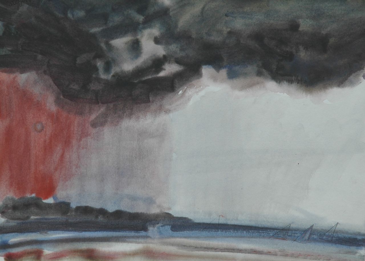 Slegers J.F.W. | Jacobus Franciscus Wilhelmus 'Jacques' Slegers, Bootjes bij wolkbreuk, aquarel op papier 28,2 x 38,5 cm, gesigneerd linksboven Slegers J.F.W. | Jacobus Franciscus Wilhelmus 'Jacques' Slegers, Bootjes bij wolkbreuk, aquarel op papier 28,2 x 38,5 cm, gesigneerd linksboven