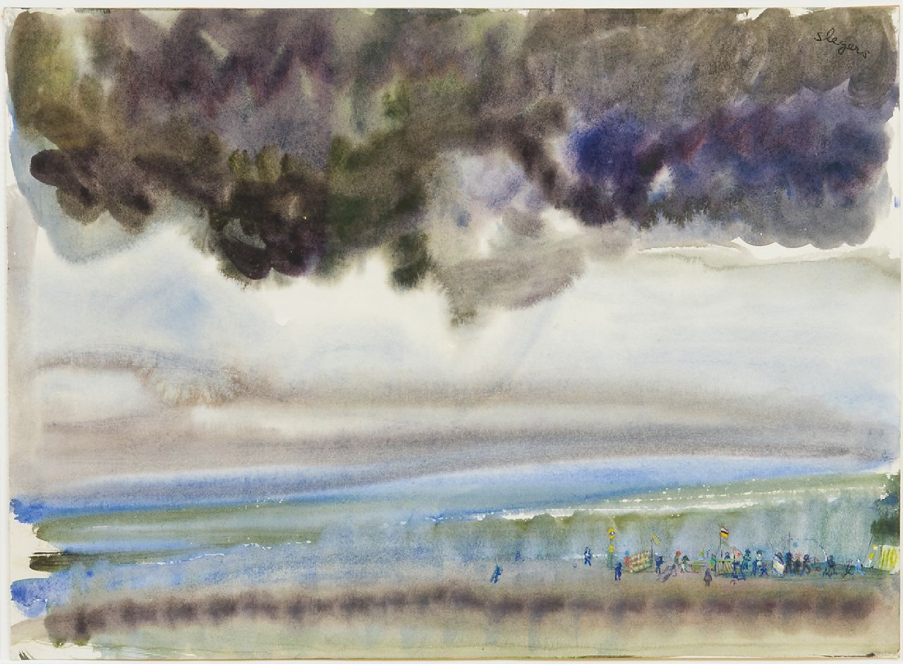 Slegers J.F.W.  | Jacobus Franciscus Wilhelmus 'Jacques' Slegers | Aquarellen en tekeningen te koop aangeboden | Feestende figuren in een landschap (samen met 10577), aquarel op papier 28,2 x 38,5 cm, gesigneerd rechtsboven
