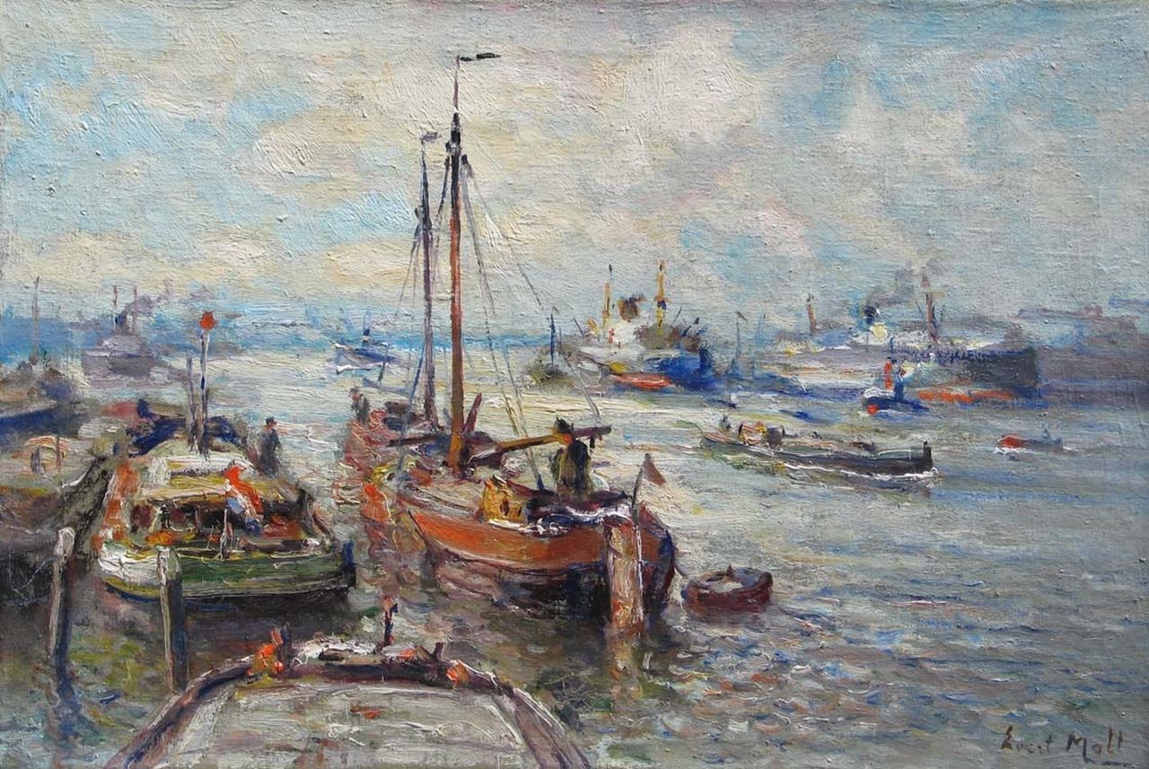 Moll E.  | Evert Moll, Scheepvaartverkeer bij Rotterdam, olieverf op doek 40,4 x 60,0 cm, gesigneerd rechtsonder