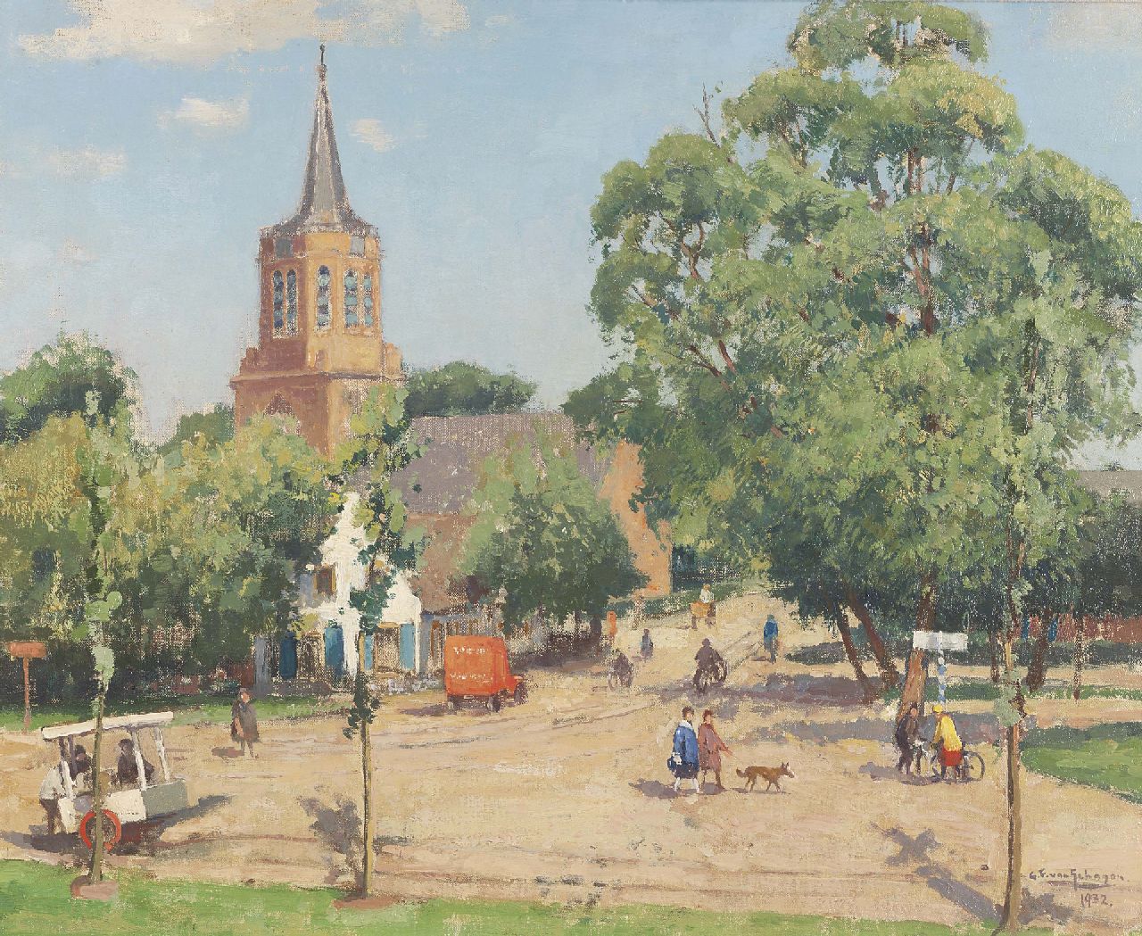 Schagen G.F. van | Gerbrand Frederik van Schagen, Zomer op de Brink te Laren, olieverf op doek 43,4 x 53,5 cm, gesigneerd rechtsonder en gedateerd 1932 Schagen G.F. van | Gerbrand Frederik van Schagen, Zomer op de Brink te Laren, olieverf op doek 43,4 x 53,5 cm, gesigneerd rechtsonder en gedateerd 1932