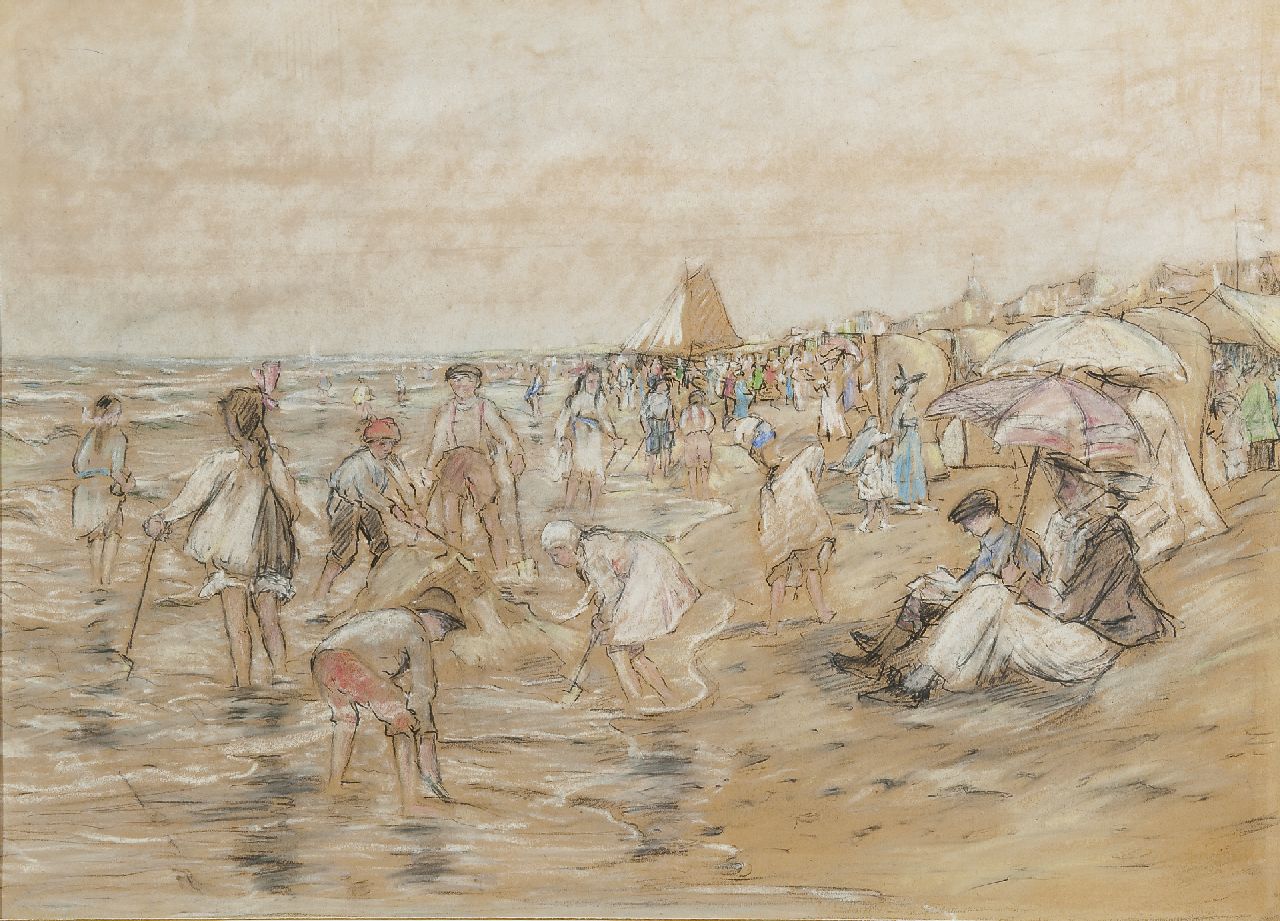 Schooten J.A. van | Jan Antonius van Schooten, Zomers strandtafereel in Katwijk, met rechts de vrouw en zoon van de schilder, houtskool, conté en pastel op papier 44,8 x 58,2 cm, te dateren 1916 Schooten J.A. van | Jan Antonius van Schooten, Zomers strandtafereel in Katwijk, met rechts de vrouw en zoon van de schilder, houtskool, conté en pastel op papier 44,8 x 58,2 cm, te dateren 1916