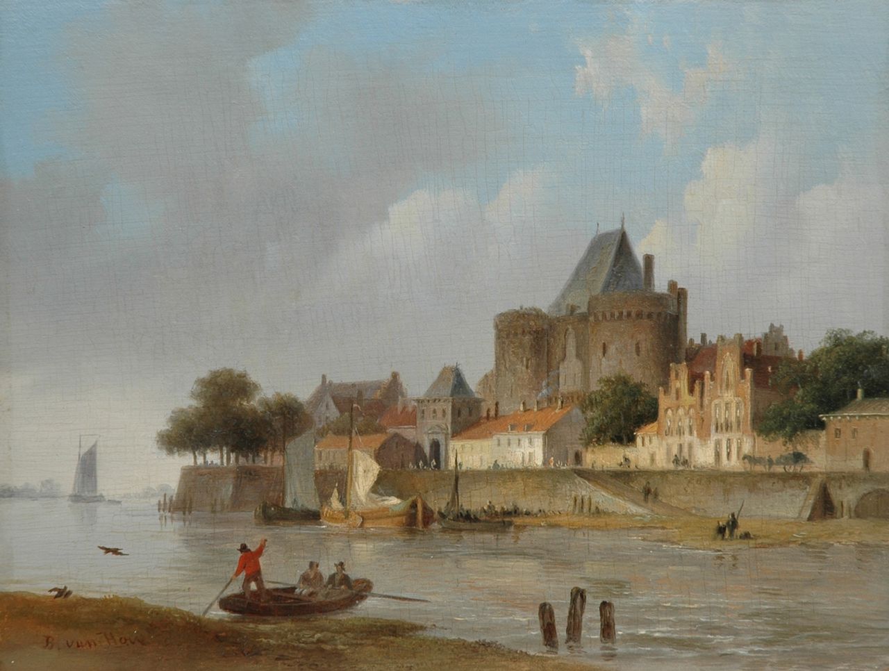 Hove B.J. van | Bartholomeus Johannes 'Bart' van Hove, Het IJsselfront van Deventer met de Vispoort, olieverf op paneel 19,4 x 25,6 cm, gesigneerd linksonder Hove B.J. van | Bartholomeus Johannes 'Bart' van Hove, Het IJsselfront van Deventer met de Vispoort, olieverf op paneel 19,4 x 25,6 cm, gesigneerd linksonder