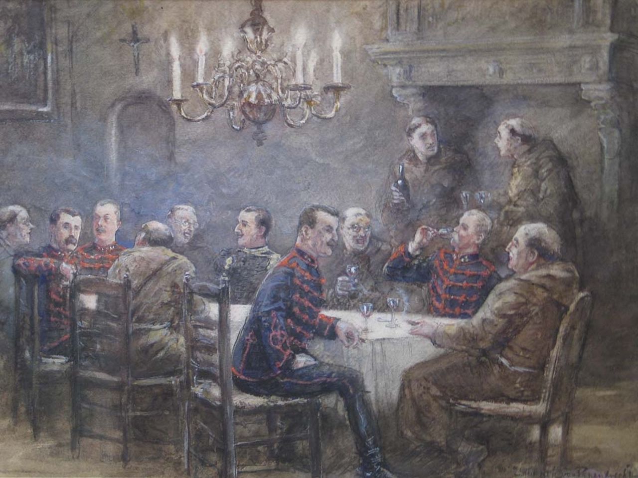 Hoynck van Papendrecht J. | Jan Hoynck van Papendrecht, Officieren van het 1e Regiment Huzaren en een Gele Rijder te gast in een klooster, potlood en aquarel op papier 37,4 x 50,1 cm, gesigneerd rechtsonder Hoynck van Papendrecht J. | Jan Hoynck van Papendrecht, Officieren van het 1e Regiment Huzaren en een Gele Rijder te gast in een klooster, potlood en aquarel op papier 37,4 x 50,1 cm, gesigneerd rechtsonder