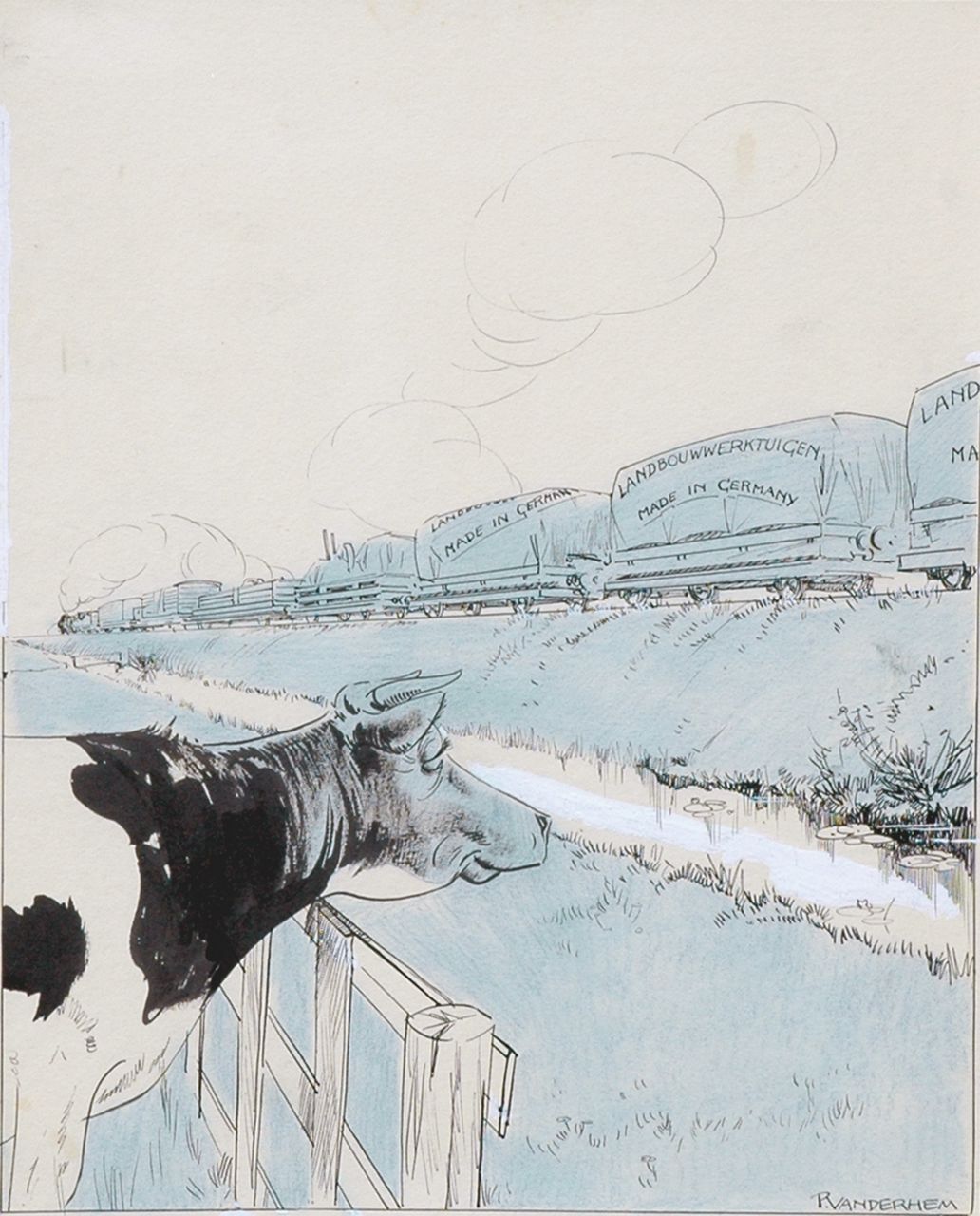 Hem P. van der | Pieter 'Piet' van der Hem, Politieke spotprent 'Welkom vreemdeling, tenminste…'. De boycot van den Zuivelbond Opgeschort, 16 augustus 1930, Oost-Indische inkt, blauw krijt en gouache op papier 46,7 x 34,9 cm, gesigneerd rechtsonder
