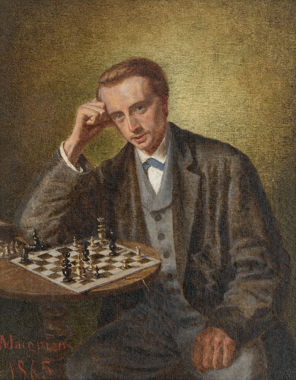 Maignien   | Maignien | Schilderijen te koop aangeboden | De schaker (schaak), olieverf op doek op paneel 30,5 x 24,2 cm, gesigneerd linksonder en gedateerd 1865