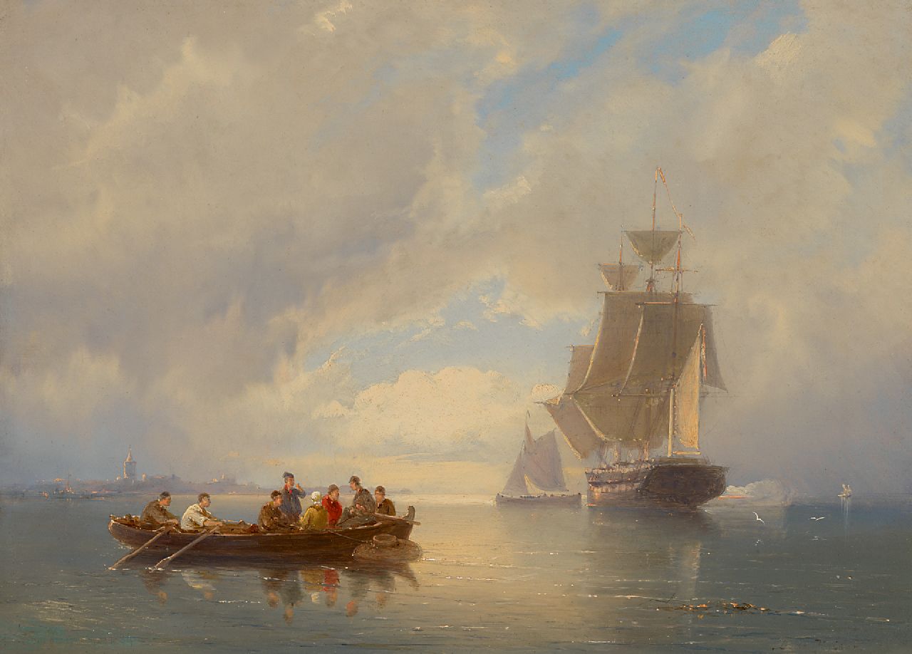 Dommershuijzen P.C.  | Pieter Cornelis Dommershuijzen | Schilderijen te koop aangeboden | Oorlogsfregat, een saluutschot afvurend voor de kust, olieverf op doek 27,5 x 38,1 cm, gesigneerd linksonder (vaag) en gedateerd 1884, zonder lijst