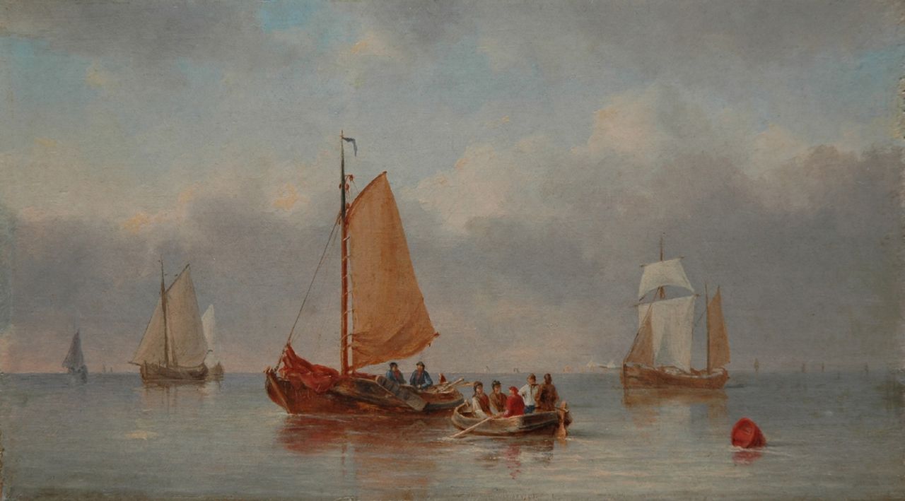 Ahrendts C.E. | Carl Eduard Ahrendts, Platbodems op rustige zee, olieverf op paneel 13,9 x 24,6 cm Ahrendts C.E. | Carl Eduard Ahrendts, Platbodems op rustige zee, olieverf op paneel 13,9 x 24,6 cm