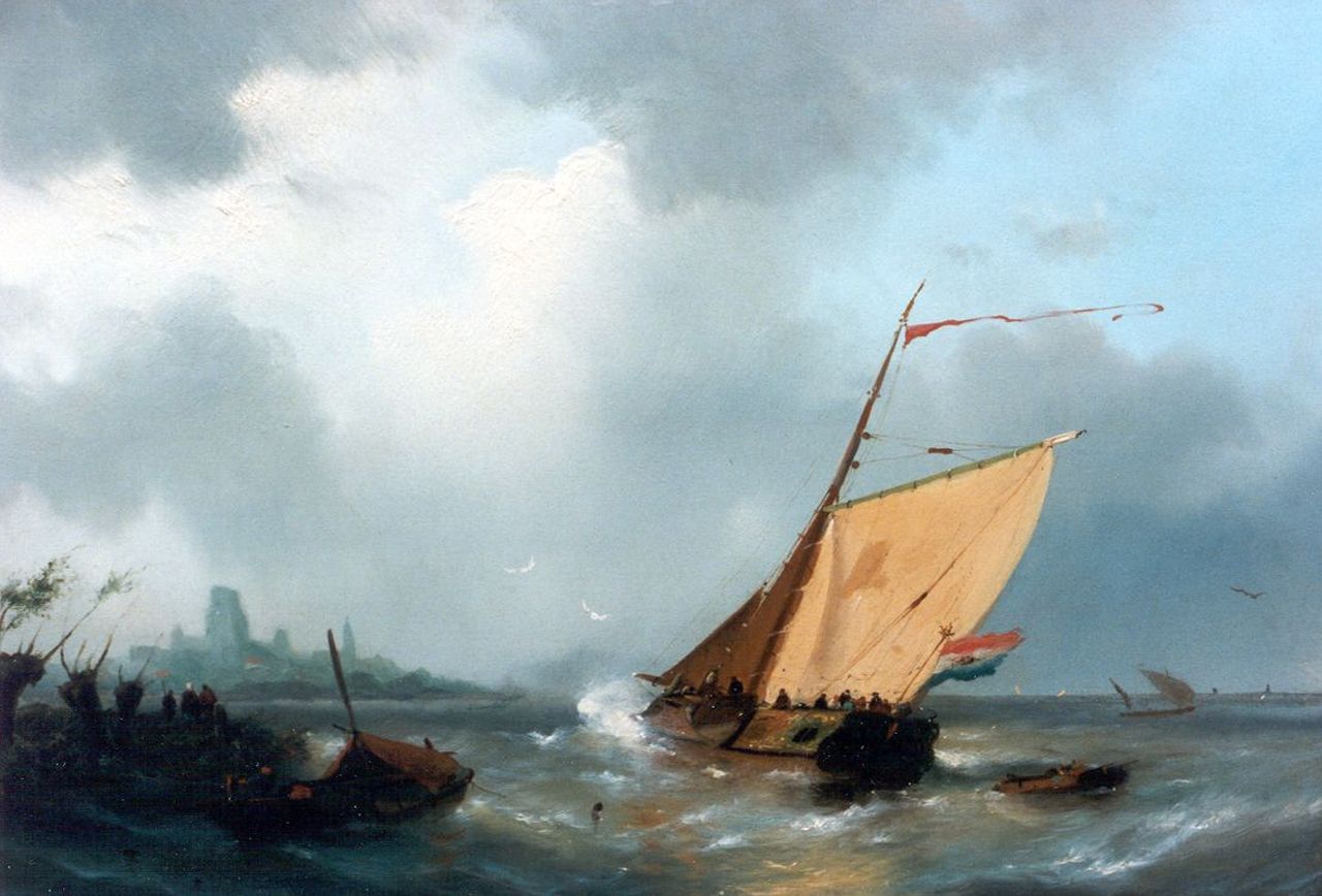Hilleveld A.D. | Adrianus David Hilleveld, Zeilboot voor de kust, olieverf op paneel 30,5 x 46,0 cm, gesigneerd linksonder en gedateerd '57 Hilleveld A.D. | Adrianus David Hilleveld, Zeilboot voor de kust, olieverf op paneel 30,5 x 46,0 cm, gesigneerd linksonder en gedateerd '57