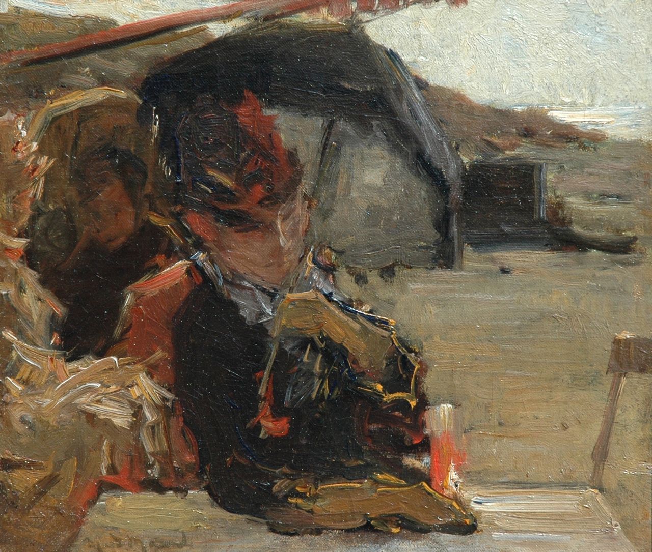 Maarel M. van der | Marinus van der Maarel, Vrouw op het terras van Zeerust, Scheveningen, olieverf op doek op paneel 23,8 x 27,2 cm, gesigneerd linksonder Maarel M. van der | Marinus van der Maarel, Vrouw op het terras van Zeerust, Scheveningen, olieverf op doek op paneel 23,8 x 27,2 cm, gesigneerd linksonder