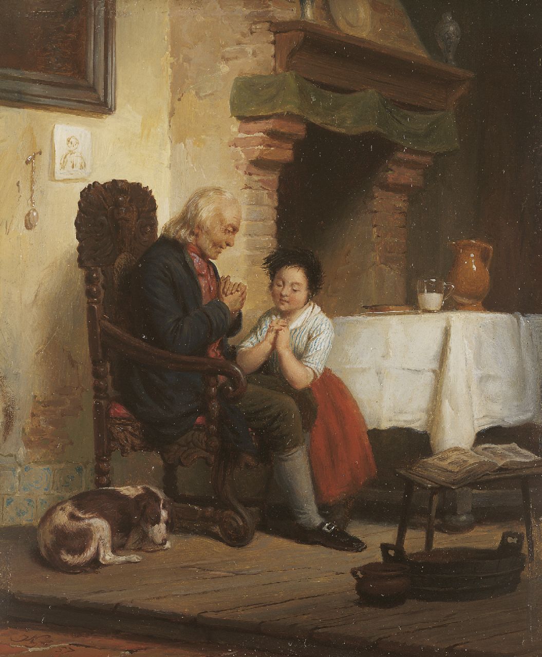 Scheerboom A. | Andries Scheerboom, Samen in gebed, olieverf op paneel 20,5 x 17,0 cm, gesigneerd linksonder met onduidelijk monogram en gedateerd '57 Scheerboom A. | Andries Scheerboom, Samen in gebed, olieverf op paneel 20,5 x 17,0 cm, gesigneerd linksonder met onduidelijk monogram en gedateerd '57