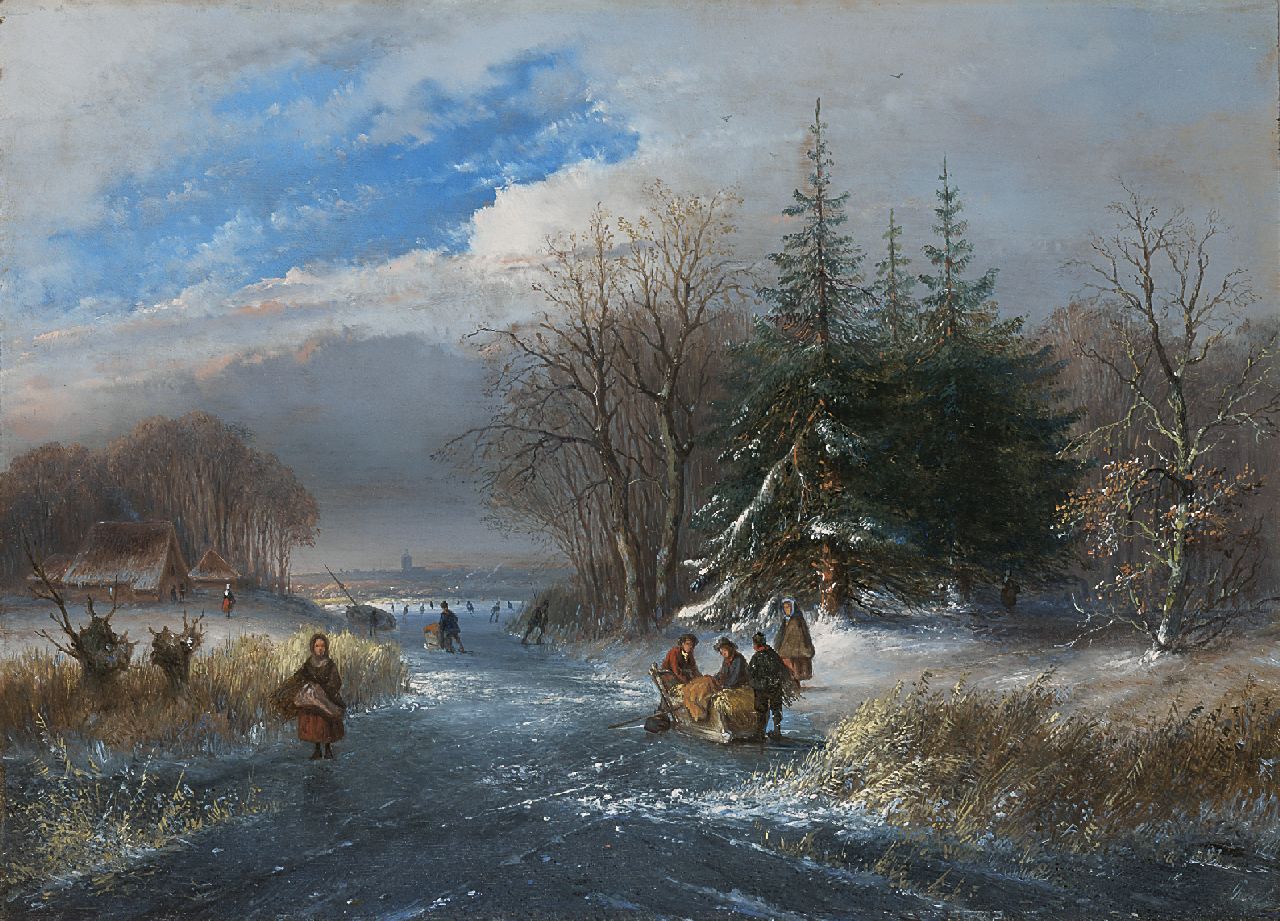 Hans J.G.  | Josephus Gerardus Hans, Winterlandschap met schaatsers, duwslee en houtsprokkelaarster, olieverf op paneel 26,7 x 36,8 cm