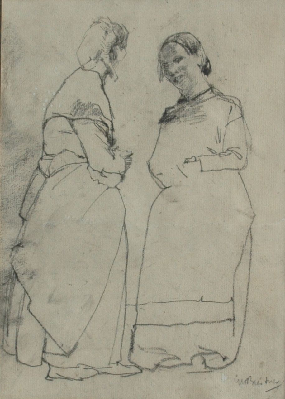 Breitner G.H. | George Hendrik Breitner, Twee dienstbodes in gesprek, zwart krijt op papier 23,5 x 16,5 cm, gesigneerd rechtsonder Breitner G.H. | George Hendrik Breitner, Twee dienstbodes in gesprek, zwart krijt op papier 23,5 x 16,5 cm, gesigneerd rechtsonder