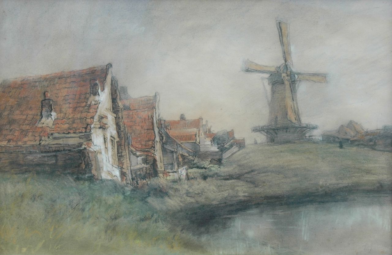 Wijsmuller J.H. | Jan Hillebrand Wijsmuller, Huizen en molen in Hollands landschap, gekleurd krijt op papier 40,0 x 59,0 cm, gesigneerd rechtsonder Wijsmuller J.H. | Jan Hillebrand Wijsmuller, Huizen en molen in Hollands landschap, gekleurd krijt op papier 40,0 x 59,0 cm, gesigneerd rechtsonder