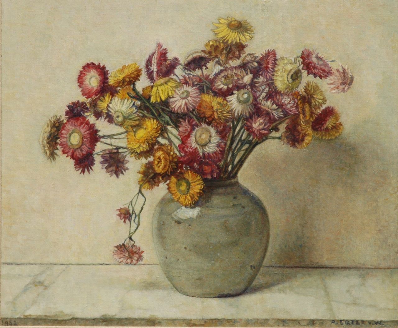 Egter van Wissekerke A.W.E.M. | Anna Wilhelmina Elisabeth Maria 'Antje' Egter van Wissekerke, Stroobloemen, olieverf op doek 35,3 x 41,7 cm, gesigneerd rechtsonder en gedateerd 1952 Egter van Wissekerke A.W.E.M. | Anna Wilhelmina Elisabeth Maria 'Antje' Egter van Wissekerke, Stroobloemen, olieverf op doek 35,3 x 41,7 cm, gesigneerd rechtsonder en gedateerd 1952