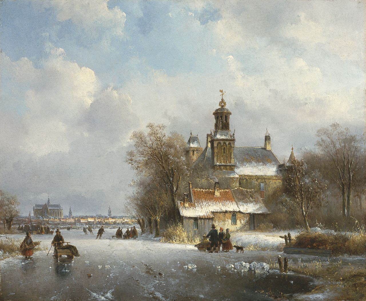 Kleijn L.J. | Lodewijk Johannes Kleijn, IJsgezicht met de St. Bavo Kerk in de verte, olieverf op paneel 34,7 x 42,3 cm, gesigneerd rechtsonder Kleijn L.J. | Lodewijk Johannes Kleijn, IJsgezicht met de St. Bavo Kerk in de verte, olieverf op paneel 34,7 x 42,3 cm, gesigneerd rechtsonder