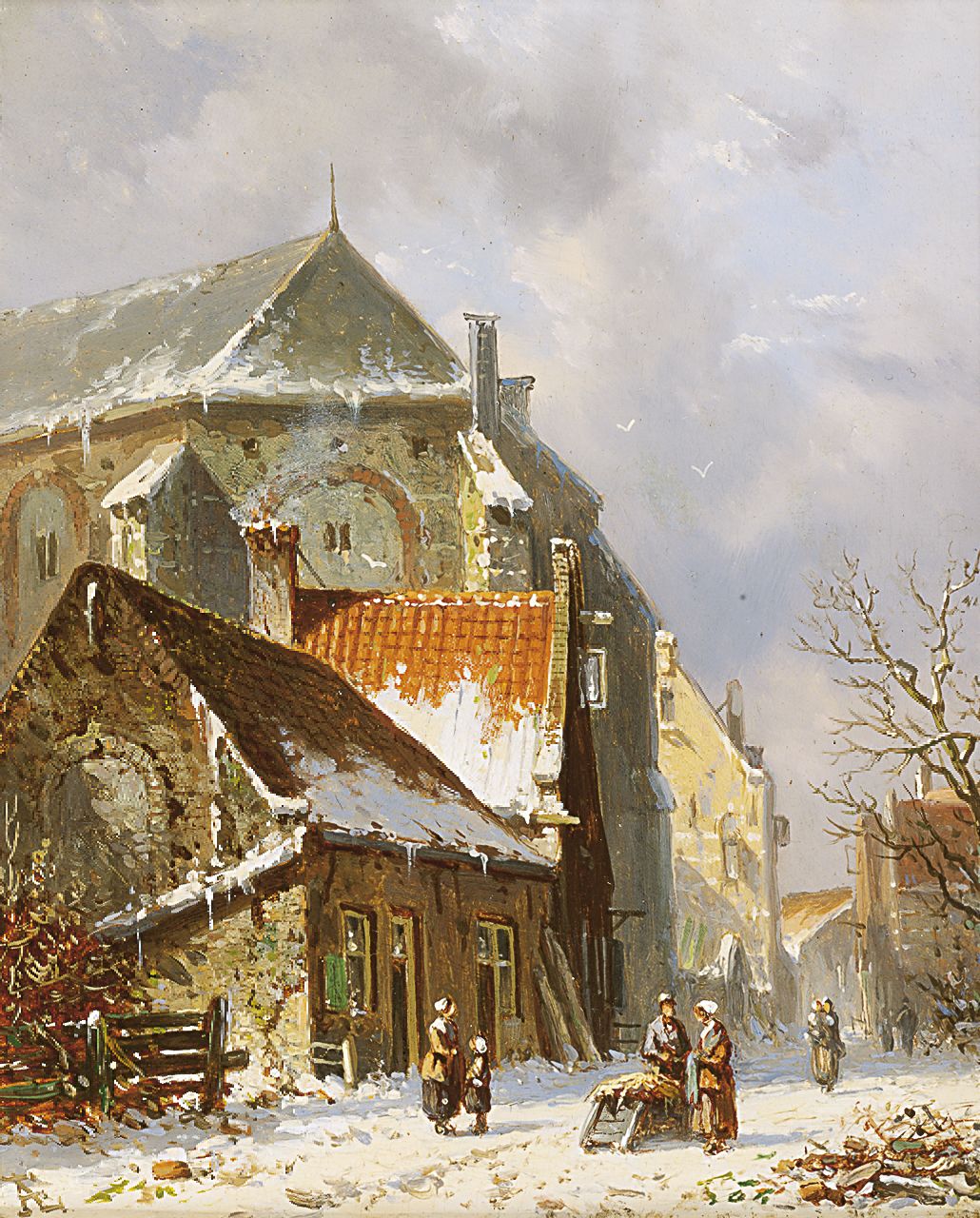 Eversen A. | Adrianus Eversen, Figuren in een met sneeuw bedekt straatje, olieverf op paneel 19,1 x 15,2 cm, gesigneerd linksonder met monogram Eversen A. | Adrianus Eversen, Figuren in een met sneeuw bedekt straatje, olieverf op paneel 19,1 x 15,2 cm, gesigneerd linksonder met monogram