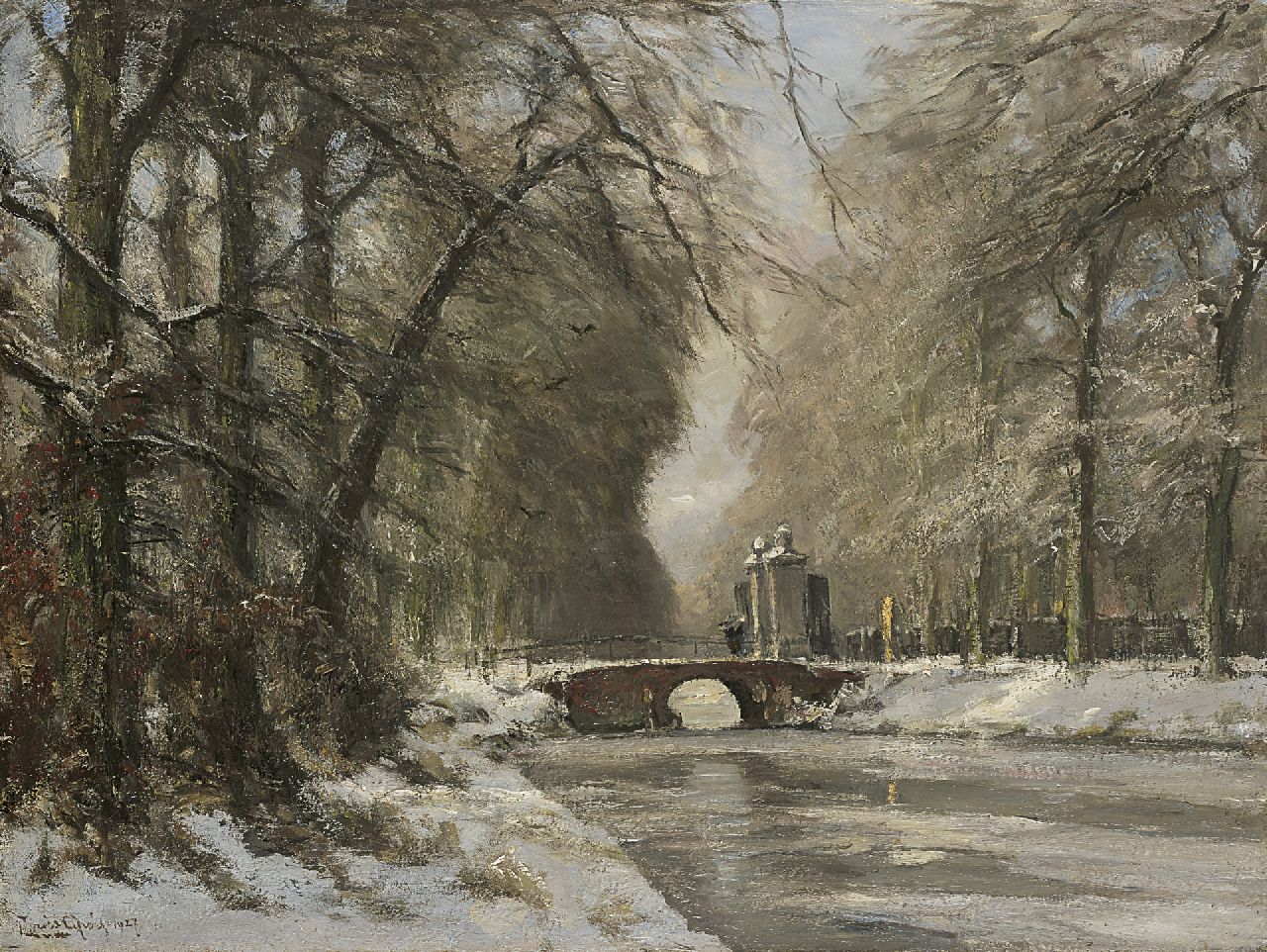 Apol L.F.H. | Lodewijk Franciscus Hendrik 'Louis' Apol, De ingang van Huis ten Bosch in de winter, olieverf op doek 60,4 x 80,5 cm, gesigneerd linksonder en gedateerd 1927 Apol L.F.H. | Lodewijk Franciscus Hendrik 'Louis' Apol, De ingang van Huis ten Bosch in de winter, olieverf op doek 60,4 x 80,5 cm, gesigneerd linksonder en gedateerd 1927