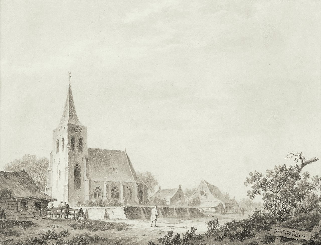 Koekkoek B.C. | Barend Cornelis Koekkoek, Dorpskerk aan een zandpad, pen, penseel en inkt op papier 15,5 x 19,5 cm, gesigneerd rechtsonder Koekkoek B.C. | Barend Cornelis Koekkoek, Dorpskerk aan een zandpad, pen, penseel en inkt op papier 15,5 x 19,5 cm, gesigneerd rechtsonder