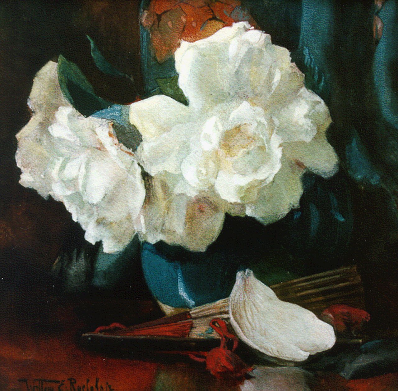 Roelofs jr. W.E. | Willem Elisa Roelofs jr., Stilleven met witte rozen, aquarel op papier 24,9 x 25,5 cm, gesigneerd linksonder Roelofs jr. W.E. | Willem Elisa Roelofs jr., Stilleven met witte rozen, aquarel op papier 24,9 x 25,5 cm, gesigneerd linksonder