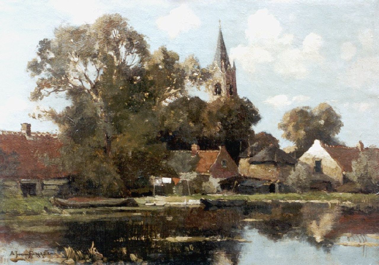 Driesten A.J. van | Arend Jan van Driesten, Gezicht op Voorschoten met De Vliet op de voorgrond, olieverf op doek op paneel 26,4 x 36,4 cm, gesigneerd linksonder