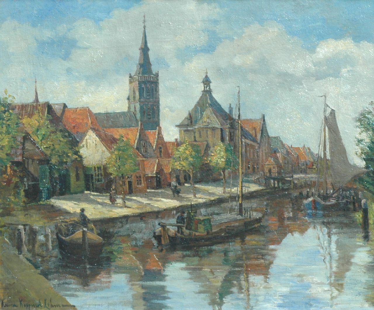 Lehmann A.E.F. | 'Anna' Elisabeth Frederika Lehmann, De haven van Oudewater, olieverf op doek 50,2 x 60,4 cm, gesigneerd linksonder en te dateren ca. 1927 Lehmann A.E.F. | 'Anna' Elisabeth Frederika Lehmann, De haven van Oudewater, olieverf op doek 50,2 x 60,4 cm, gesigneerd linksonder en te dateren ca. 1927