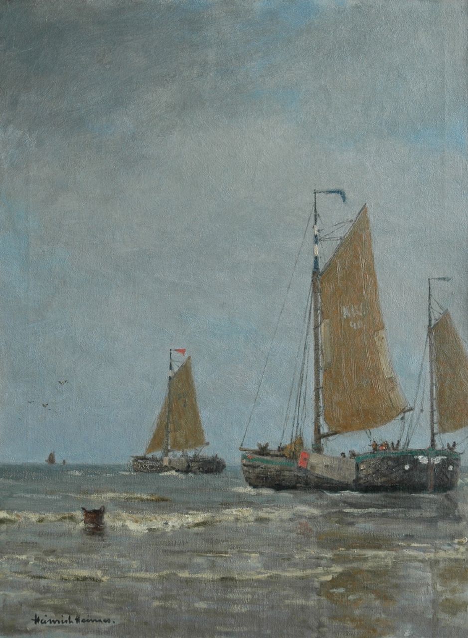 Heimes H. | Heinrich Heimes, Uitvarende vissersschepen bij Katwijk, olieverf op doek 80,1 x 60,1 cm, gesigneerd linksonder Heimes H. | Heinrich Heimes, Uitvarende vissersschepen bij Katwijk, olieverf op doek 80,1 x 60,1 cm, gesigneerd linksonder