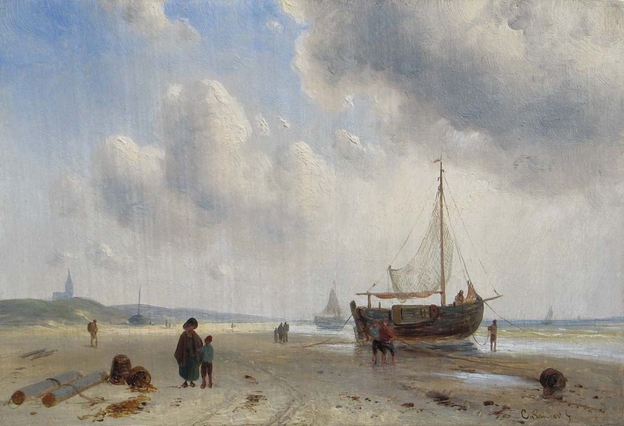 Leickert C.H.J. | 'Charles' Henri Joseph Leickert, Bomschuiten en vissers op het strand van Scheveningen, olieverf op paneel 15,8 x 23,2 cm, gesigneerd rechtsonder Leickert C.H.J. | 'Charles' Henri Joseph Leickert, Bomschuiten en vissers op het strand van Scheveningen, olieverf op paneel 15,8 x 23,2 cm, gesigneerd rechtsonder