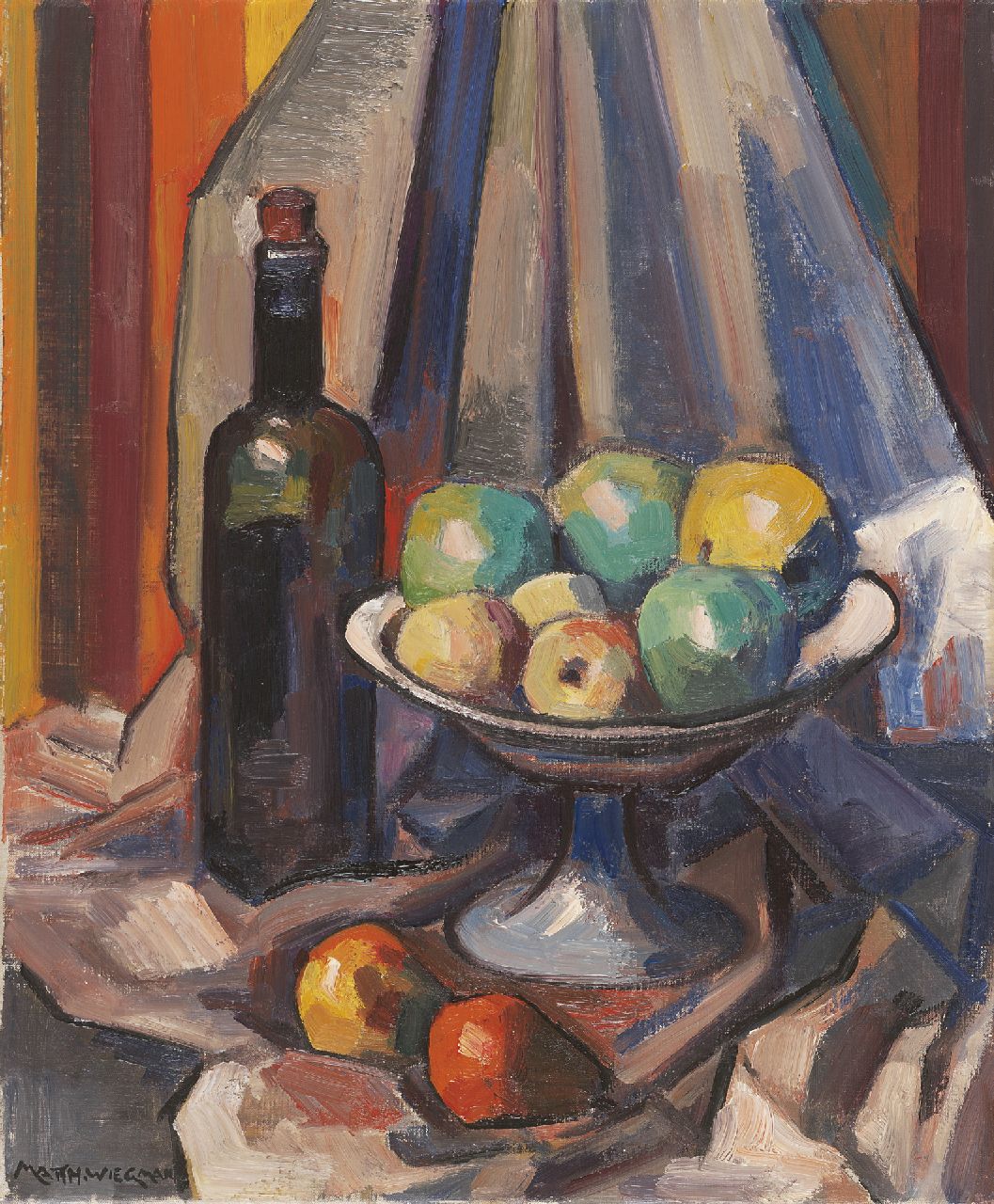 Wiegman M.J.M. | Mattheus Johannes Marie 'Matthieu' Wiegman, Stilleven met fruitschaal en fles, olieverf op doek 46,0 x 38,2 cm, gesigneerd linksonder Wiegman M.J.M. | Mattheus Johannes Marie 'Matthieu' Wiegman, Stilleven met fruitschaal en fles, olieverf op doek 46,0 x 38,2 cm, gesigneerd linksonder