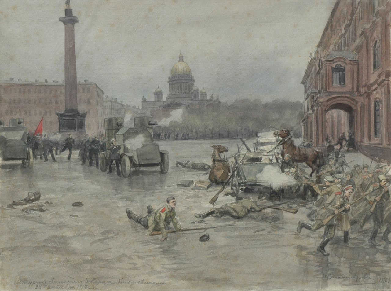 Vladimiroff I.A.  | Ivan Alexejevitsj Vladimiroff, De Oktoberrevolutie van 1917, St.-Petersburg, aquarel op papier op karton 25,7 x 34,5 cm, gesigneerd rechtsonder en gedateerd 1918