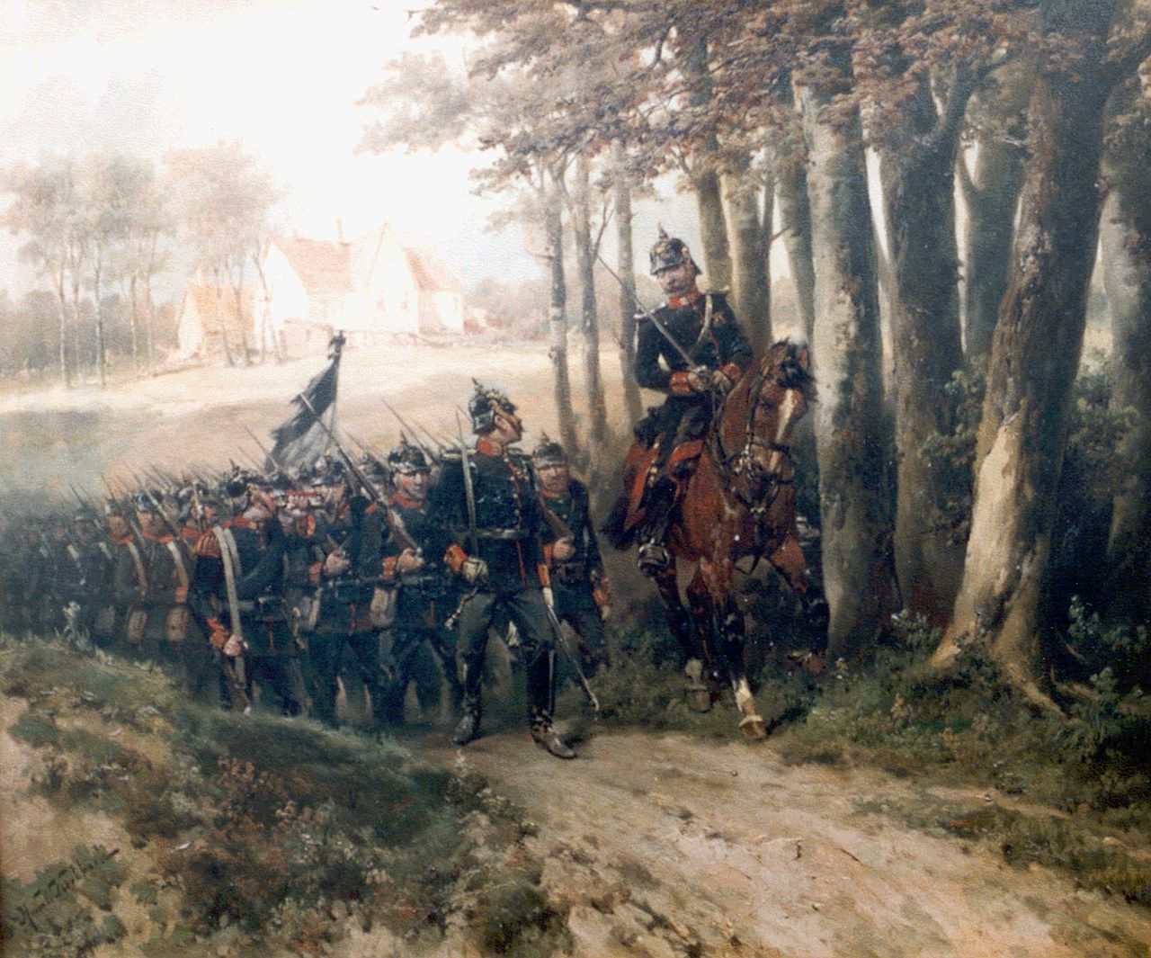 Koekkoek H.W. | Hermanus Willem Koekkoek, Pruisische infanterie op mars, olieverf op doek 56,5 x 66,0 cm, gesigneerd linksonder en te dateren ca. 1890 Koekkoek H.W. | Hermanus Willem Koekkoek, Pruisische infanterie op mars, olieverf op doek 56,5 x 66,0 cm, gesigneerd linksonder en te dateren ca. 1890