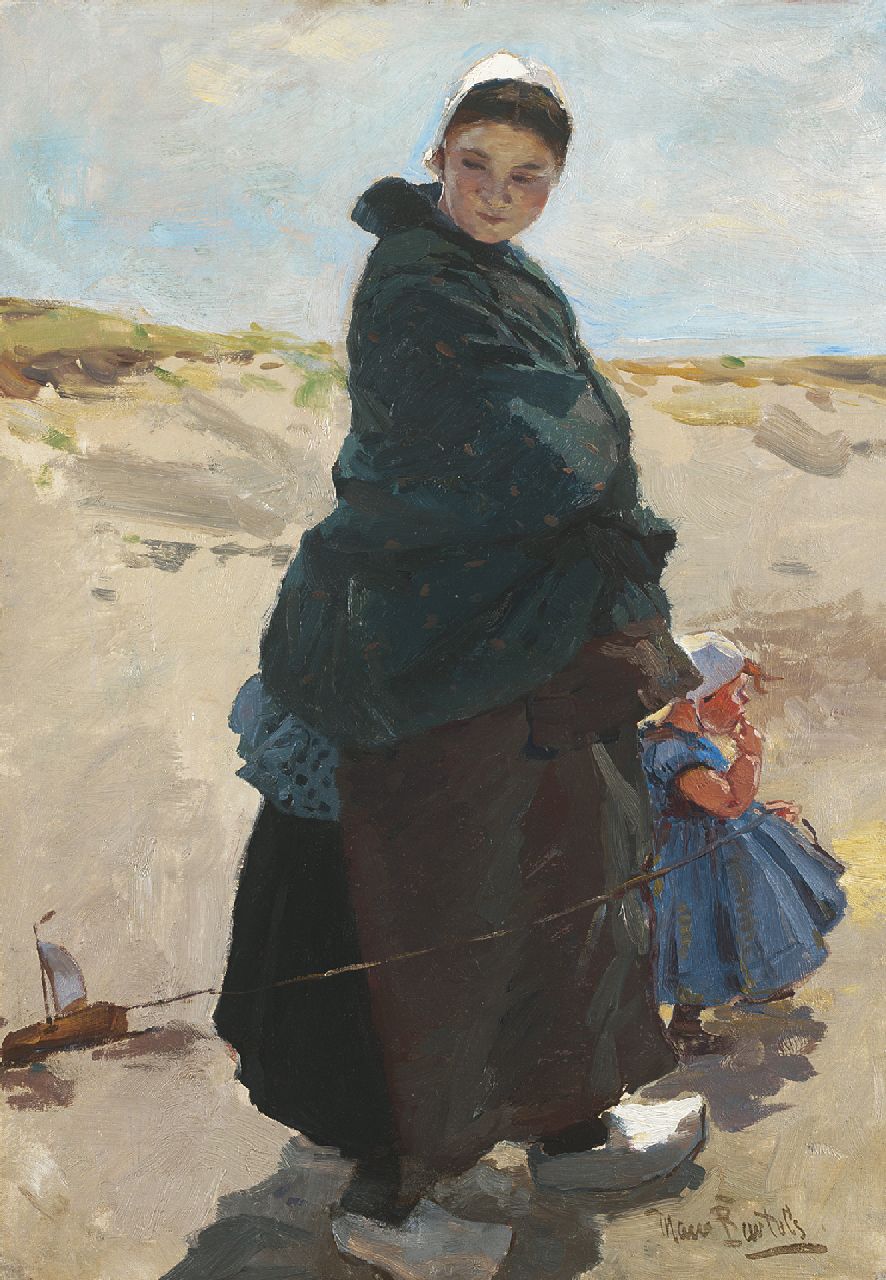 Bartels H. von | Hans von Bartels, Mijmering: vissersvrouw met kind op het strand van Katwijk, olieverf op doek 47,6 x 33,3 cm, gesigneerd rechtsonder Bartels H. von | Hans von Bartels, Mijmering: vissersvrouw met kind op het strand van Katwijk, olieverf op doek 47,6 x 33,3 cm, gesigneerd rechtsonder