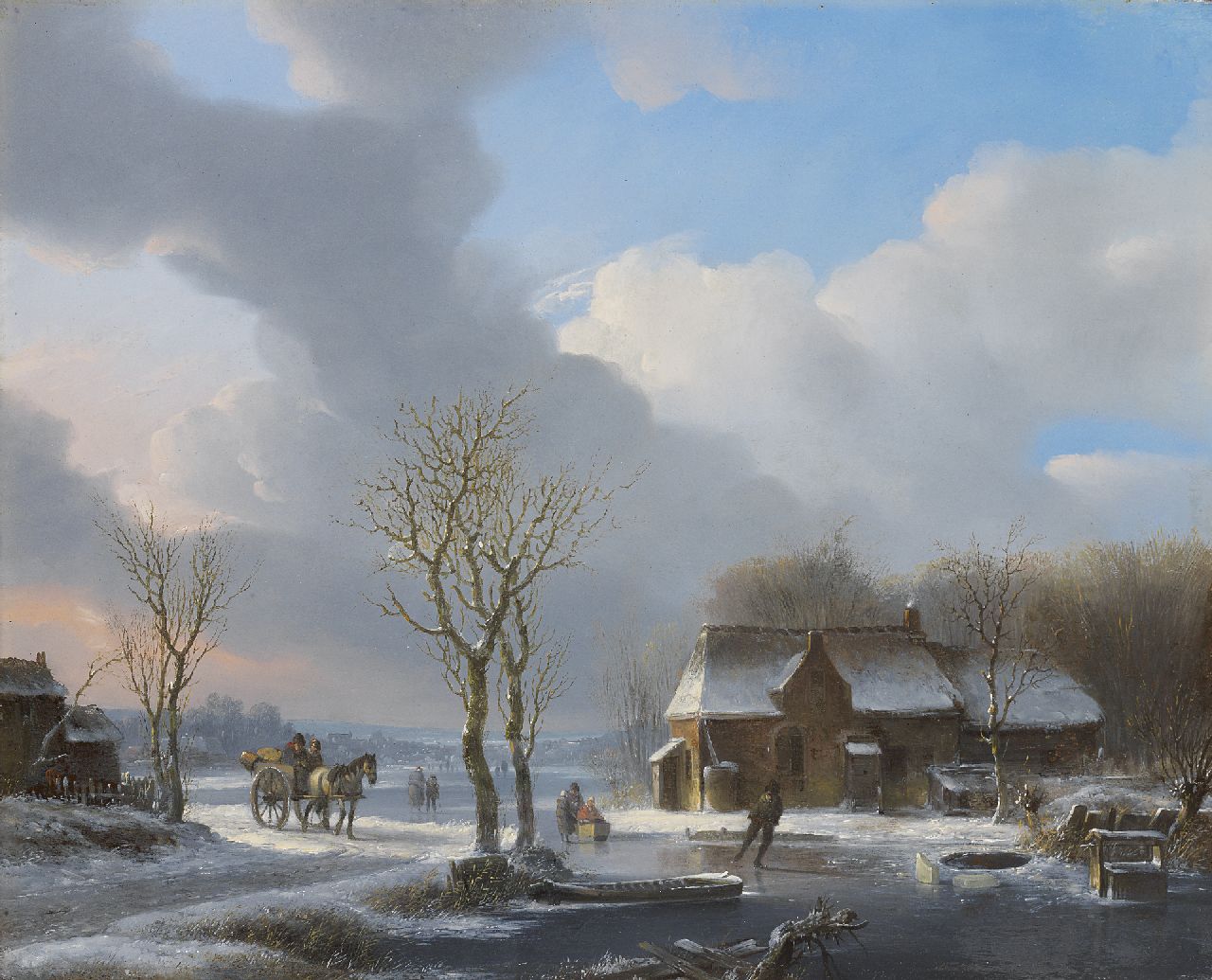 Stok J. van der | Jacobus van der Stok, Een koude winterdag, olieverf op paneel 35,1 x 43,3 cm Stok J. van der | Jacobus van der Stok, Een koude winterdag, olieverf op paneel 35,1 x 43,3 cm