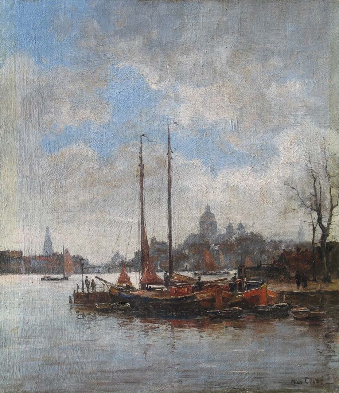 Cevat N.F.H. | Nicolas Friedrich Heinrich 'Nico' Cevat, Gezicht op Amsterdam, olieverf op doek 41,1 x 35,9 cm, gesigneerd rechtsonder Cevat N.F.H. | Nicolas Friedrich Heinrich 'Nico' Cevat, Gezicht op Amsterdam, olieverf op doek 41,1 x 35,9 cm, gesigneerd rechtsonder