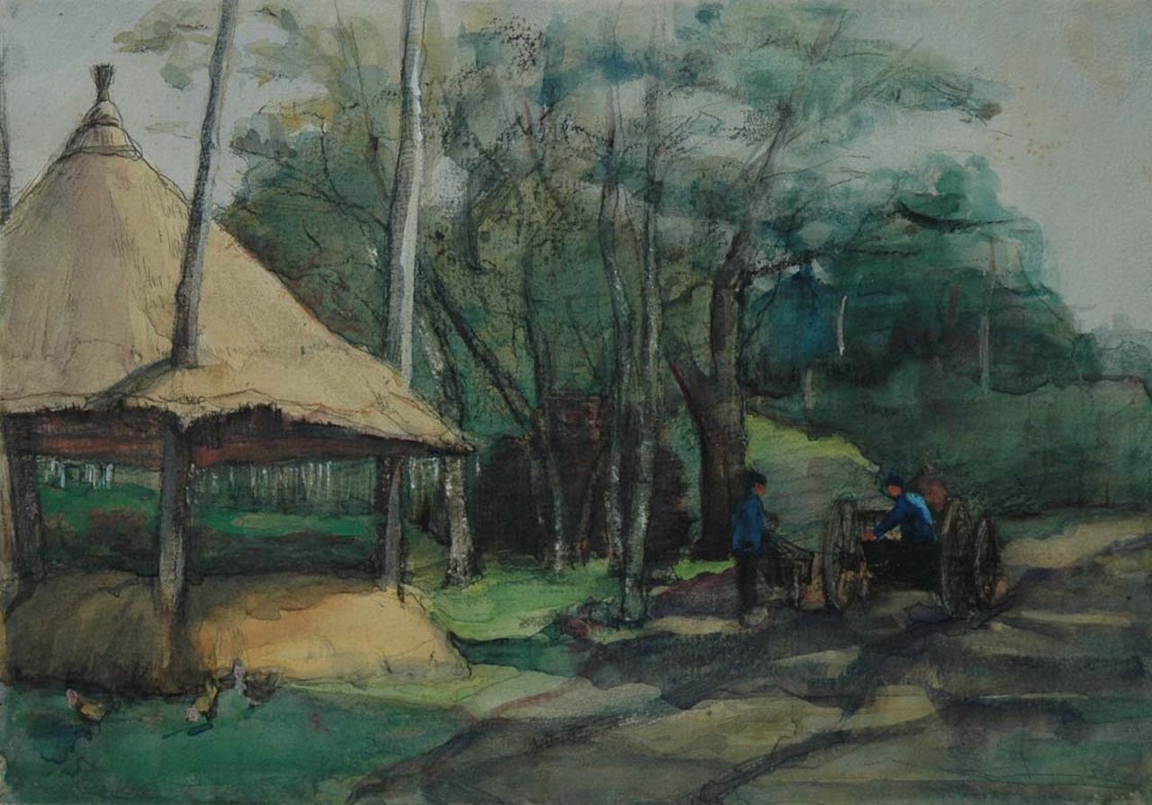 Fritzlin M.C.L. | Maria Charlotta 'Louise' Fritzlin, Boeren bij hooiberg, aquarel op papier 17,5 x 25,1 cm, gesigneerd linksonder Fritzlin M.C.L. | Maria Charlotta 'Louise' Fritzlin, Boeren bij hooiberg, aquarel op papier 17,5 x 25,1 cm, gesigneerd linksonder