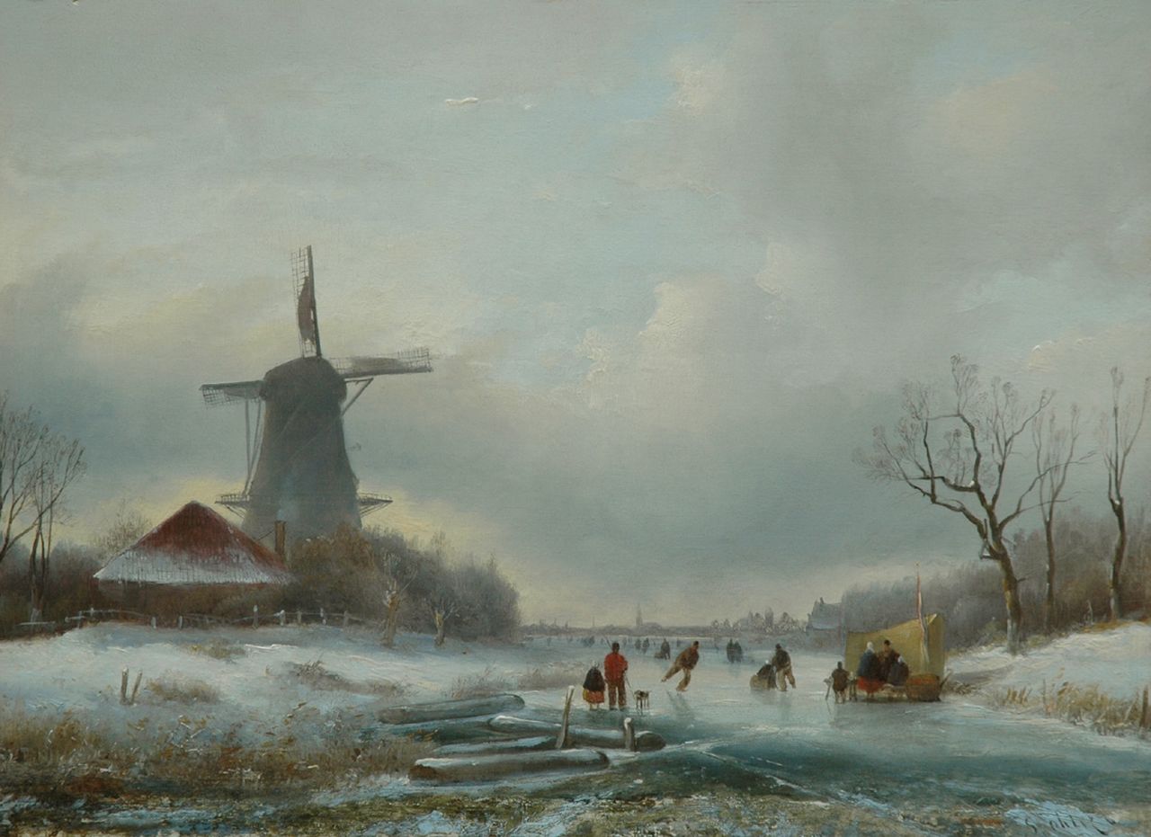 Spohler J.J.  | Jan Jacob Spohler, Schaatspret bij een molen, olieverf op paneel 29,6 x 40,5 cm