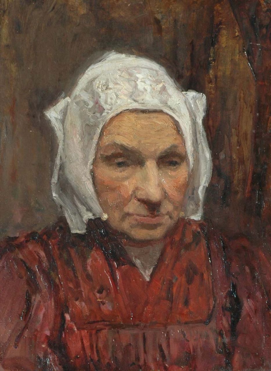 Fritzlin M.C.L. | Maria Charlotta 'Louise' Fritzlin, Larense boerin, olieverf op board op paneel 46,8 x 34,8 cm, te dateren 1907 Fritzlin M.C.L. | Maria Charlotta 'Louise' Fritzlin, Larense boerin, olieverf op board op paneel 46,8 x 34,8 cm, te dateren 1907