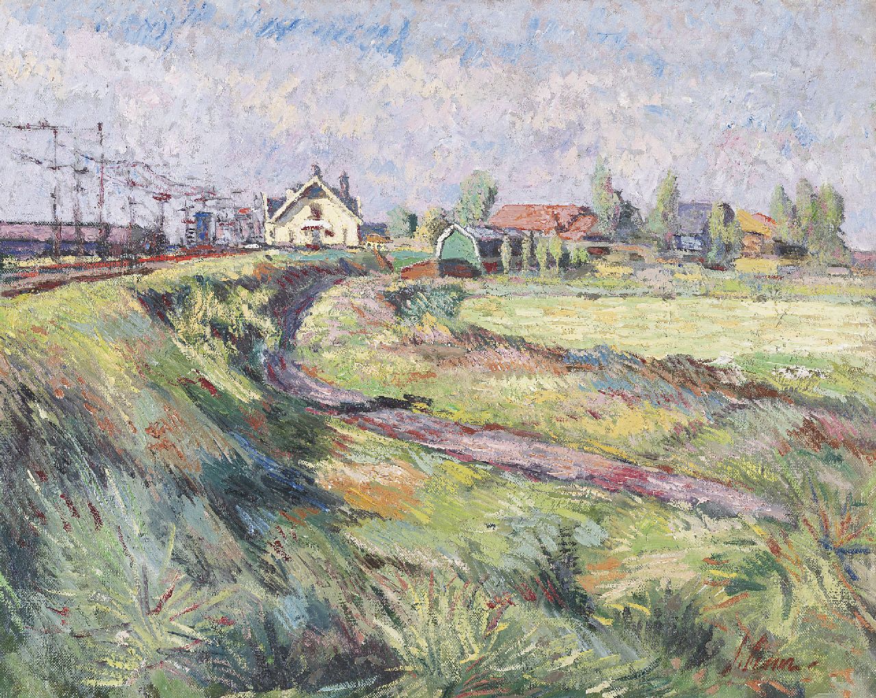 Visser J. | Jacob 'Jaap' Visser, Rodenrijs aan de spoorlijn, olieverf op doek 40,8 x 50,7 cm, gesigneerd rechtsonder Visser J. | Jacob 'Jaap' Visser, Rodenrijs aan de spoorlijn, olieverf op doek 40,8 x 50,7 cm, gesigneerd rechtsonder
