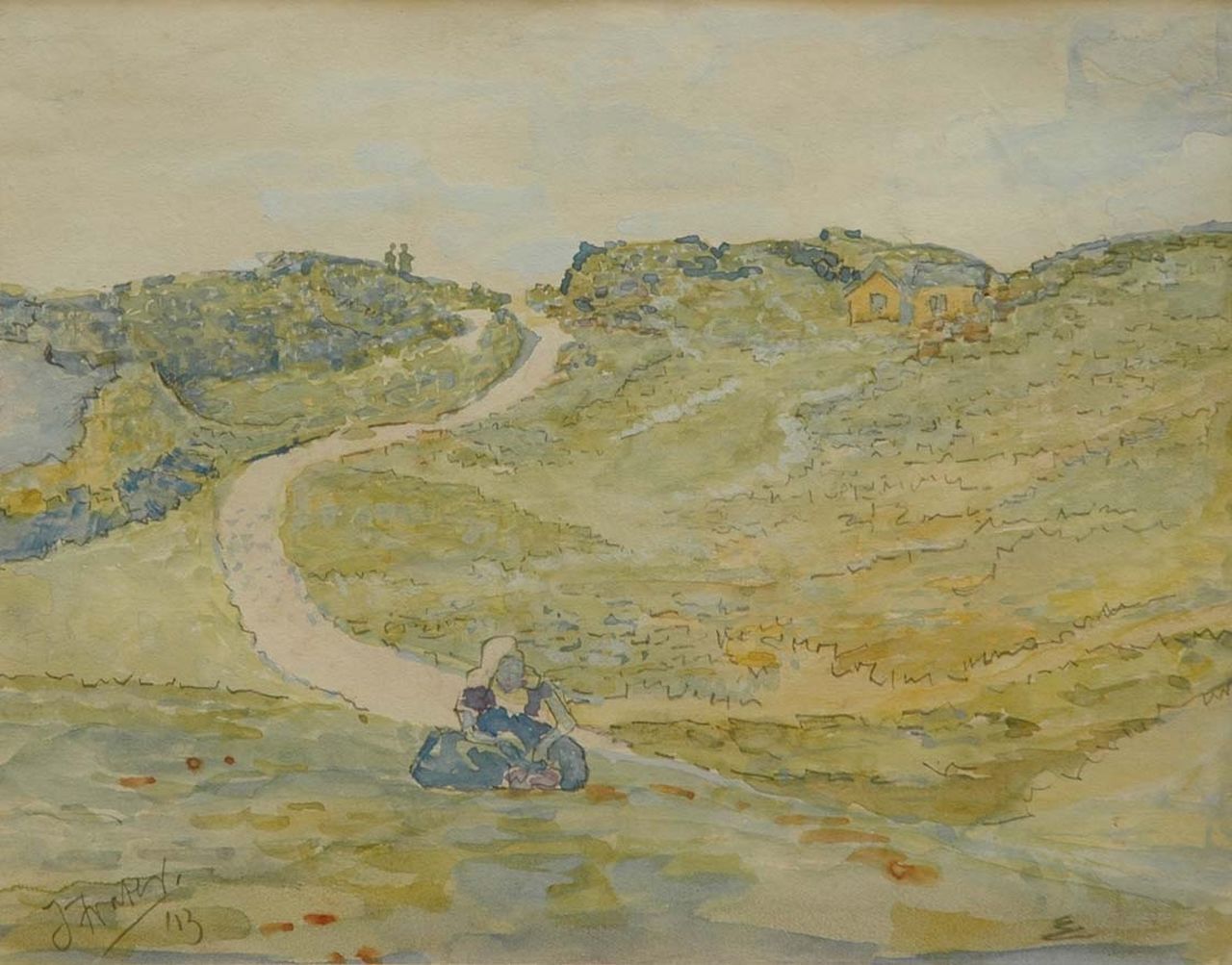 Frater J.W. | James William 'Jim' Frater, Boerinnetje in de duinen van Walcheren, aquarel op papier 21,0 x 26,8 cm, gesigneerd linksonder en gedateerd '13 Frater J.W. | James William 'Jim' Frater, Boerinnetje in de duinen van Walcheren, aquarel op papier 21,0 x 26,8 cm, gesigneerd linksonder en gedateerd '13