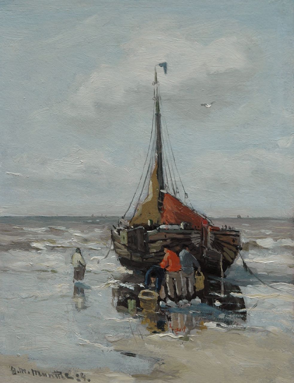 Munthe G.A.L. | Gerhard Arij Ludwig 'Morgenstjerne' Munthe, Het uitladen van de vangst, olieverf op schildersboard 25,9 x 19,9 cm, gesigneerd linksonder en gedateerd '24 Munthe G.A.L. | Gerhard Arij Ludwig 'Morgenstjerne' Munthe, Het uitladen van de vangst, olieverf op schildersboard 25,9 x 19,9 cm, gesigneerd linksonder en gedateerd '24