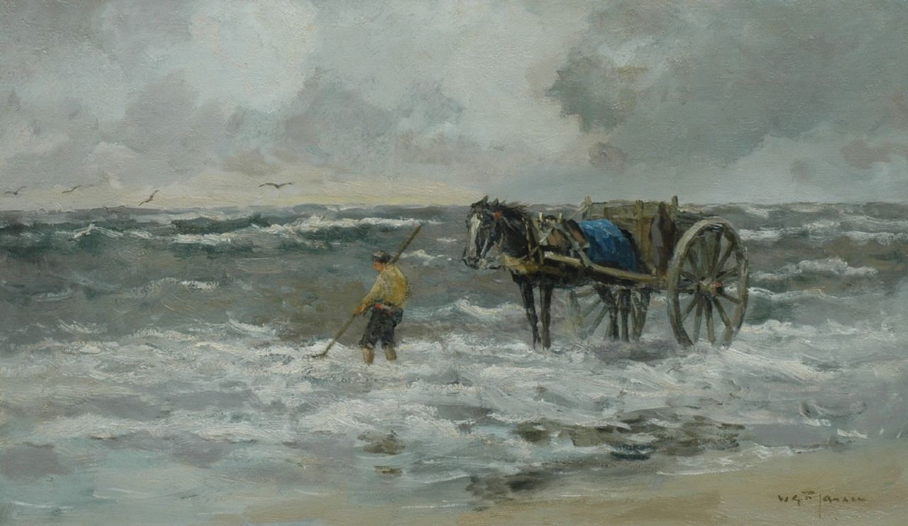 Jansen W.G.F. | 'Willem' George Frederik Jansen, Schelpenvisser in de branding, olieverf op doek 59,0 x 100,2 cm, gesigneerd rechtsonder Jansen W.G.F. | 'Willem' George Frederik Jansen, Schelpenvisser in de branding, olieverf op doek 59,0 x 100,2 cm, gesigneerd rechtsonder