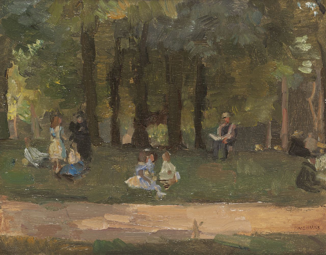 Israels I.L. | 'Isaac' Lazarus Israels, Parkscène, olieverf op doek 32,2 x 40,6 cm, gesigneerd rechtsonder Israels I.L. | 'Isaac' Lazarus Israels, Parkscène, olieverf op doek 32,2 x 40,6 cm, gesigneerd rechtsonder