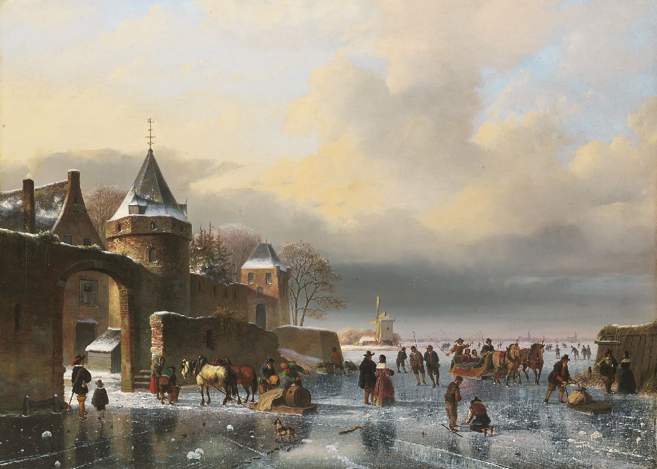 Roosenboom N.J.  | Nicolaas Johannes Roosenboom, Bevroren rivier met schaatsers en aangespannen sleden, olieverf op doek 67,0 x 93,7 cm, gesigneerd rechtsonder