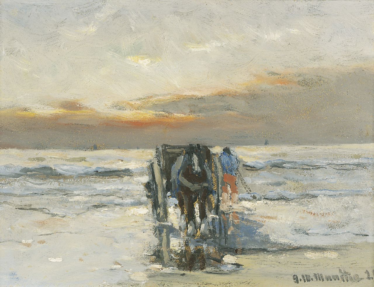 Munthe G.A.L. | Gerhard Arij Ludwig 'Morgenstjerne' Munthe, Schelpenvisser met kar en paard op het strand, olieverf op schildersboard 18,3 x 24,3 cm, gesigneerd rechtsonder en gedateerd '21 Munthe G.A.L. | Gerhard Arij Ludwig 'Morgenstjerne' Munthe, Schelpenvisser met kar en paard op het strand, olieverf op schildersboard 18,3 x 24,3 cm, gesigneerd rechtsonder en gedateerd '21