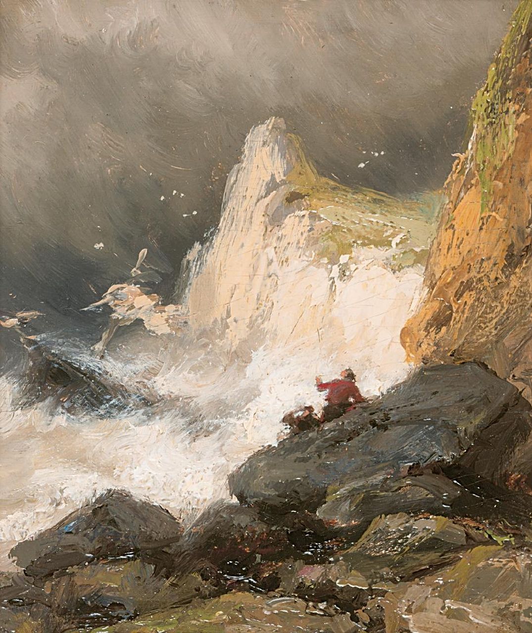 Koekkoek J.H.B.  | Johannes Hermanus Barend 'Jan H.B.' Koekkoek, Schipbreuk in vliegende storm, olieverf op paneel 11,1 x 9,1 cm, gesigneerd resten van signatuur
