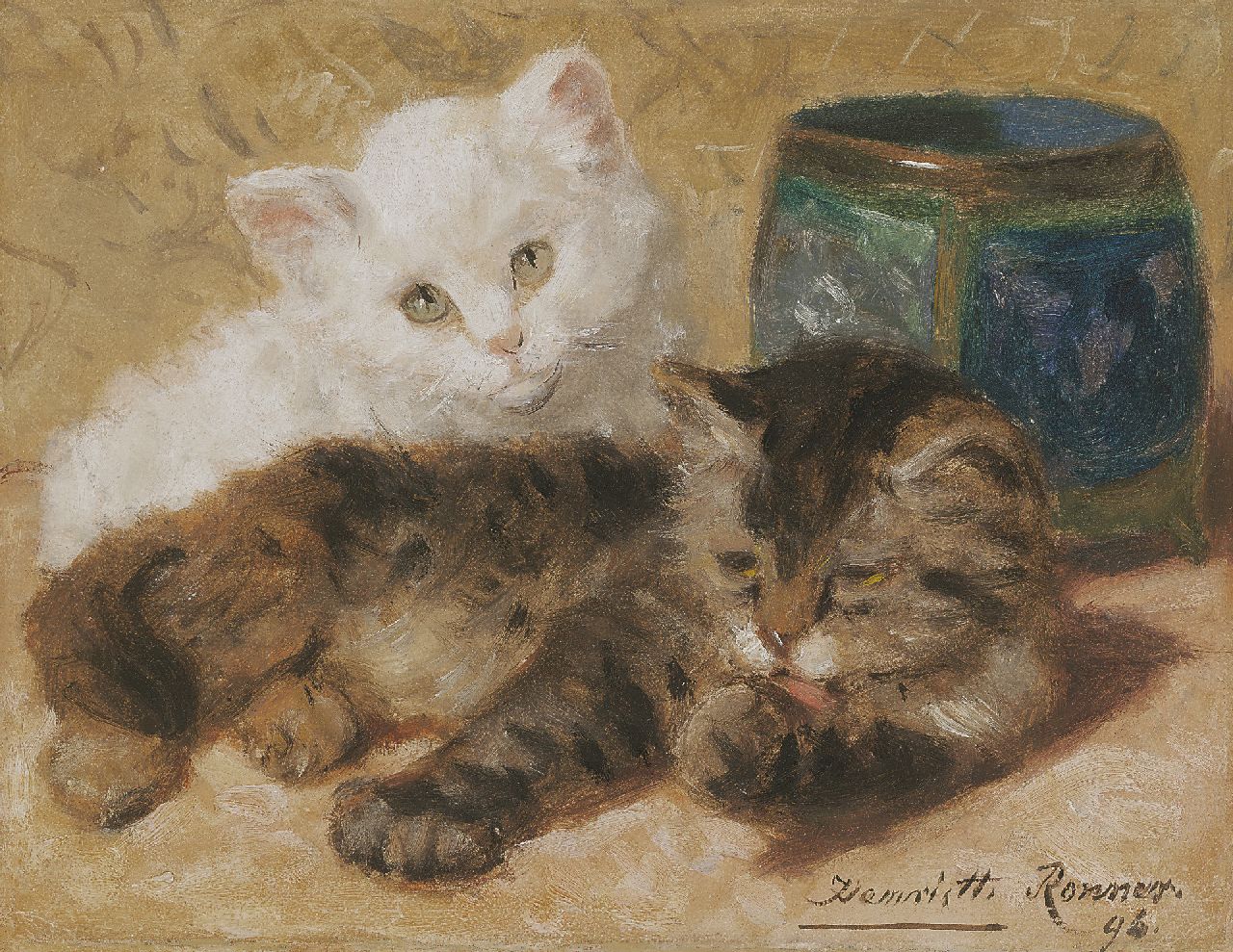 Ronner-Knip H. | Henriette Ronner-Knip, Twee jonge katjes, olieverf op papier op paneel 18,0 x 23,0 cm, gesigneerd rechtsonder en gedateerd '96 Ronner-Knip H. | Henriette Ronner-Knip, Twee jonge katjes, olieverf op papier op paneel 18,0 x 23,0 cm, gesigneerd rechtsonder en gedateerd '96