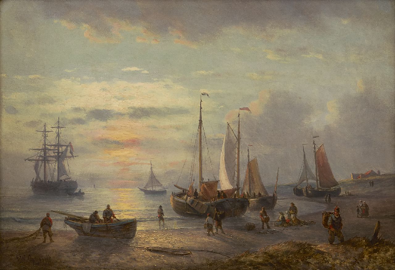 Opdenhoff G.W. | Witzel 'George Willem' Opdenhoff, Vissers en pinken op het strand bij ondergaande zon, olieverf op paneel 21,6 x 31,1 cm, gesigneerd linksonder Opdenhoff G.W. | Witzel 'George Willem' Opdenhoff, Vissers en pinken op het strand bij ondergaande zon, olieverf op paneel 21,6 x 31,1 cm, gesigneerd linksonder