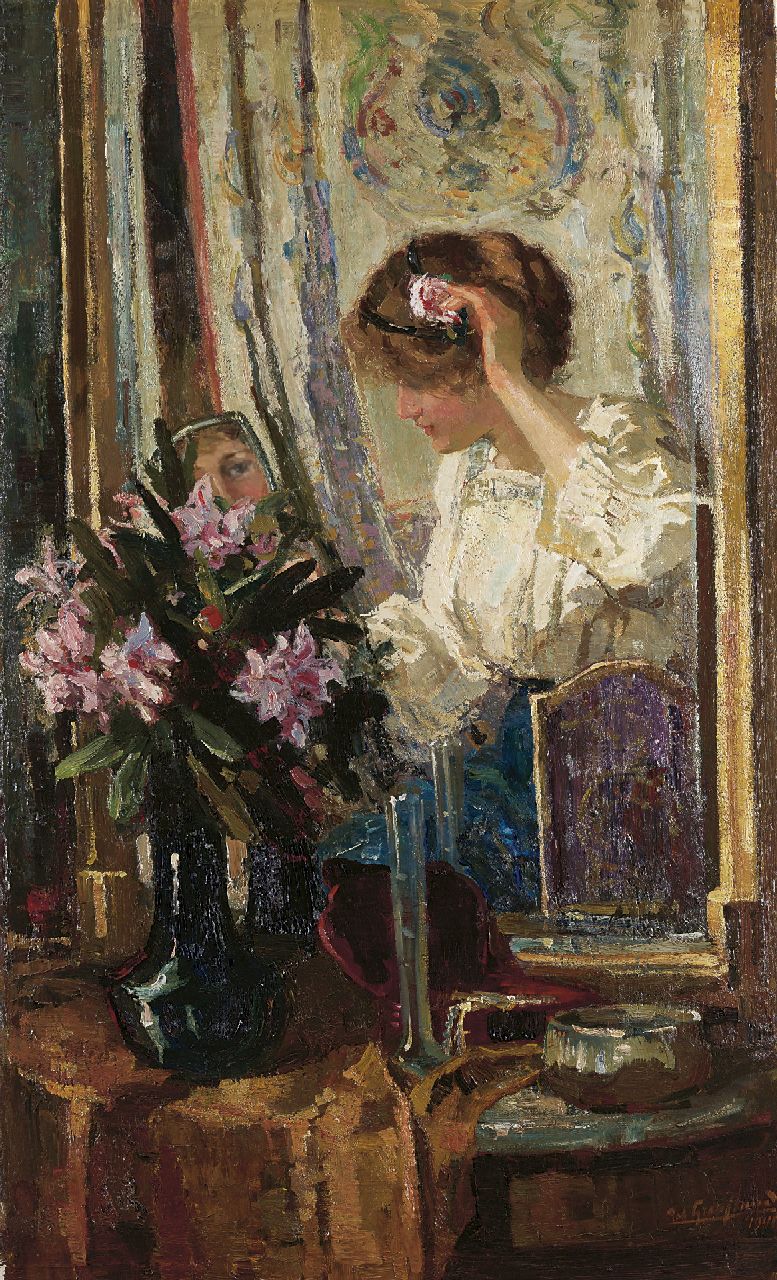 Graafland R.A.A.J. | Robert Archibald Antonius Joan 'Rob' Graafland, In het boudoir, olieverf op doek 128,9 x 77,3 cm, gesigneerd rechtsonder en gedateerd 1914 Graafland R.A.A.J. | Robert Archibald Antonius Joan 'Rob' Graafland, In het boudoir, olieverf op doek 128,9 x 77,3 cm, gesigneerd rechtsonder en gedateerd 1914