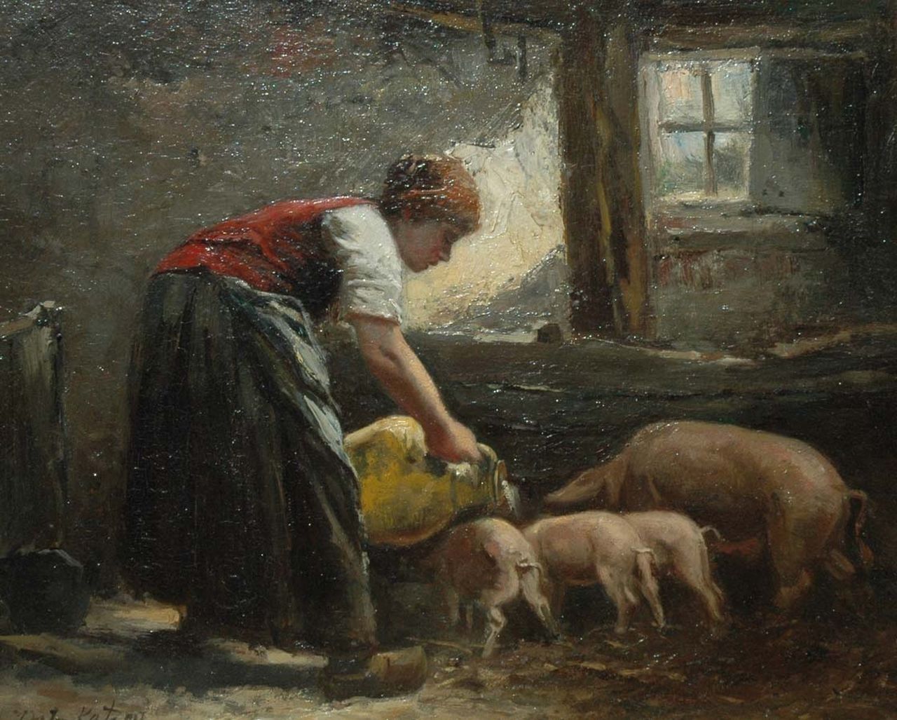 Kate J.M. ten | Johannes Marius ten Kate, Voedertijd in de stal, olieverf op paneel 24,7 x 29,5 cm, gesigneerd linksonder Kate J.M. ten | Johannes Marius ten Kate, Voedertijd in de stal, olieverf op paneel 24,7 x 29,5 cm, gesigneerd linksonder